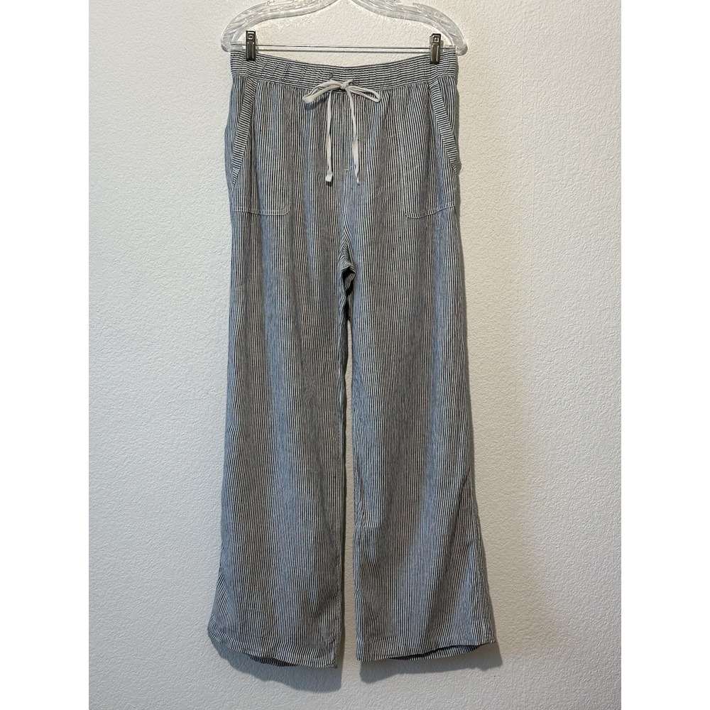 Artisan NY 100 % Linen Pants Pull-On Elastic Waist Pockets Wide Leg White Stripe